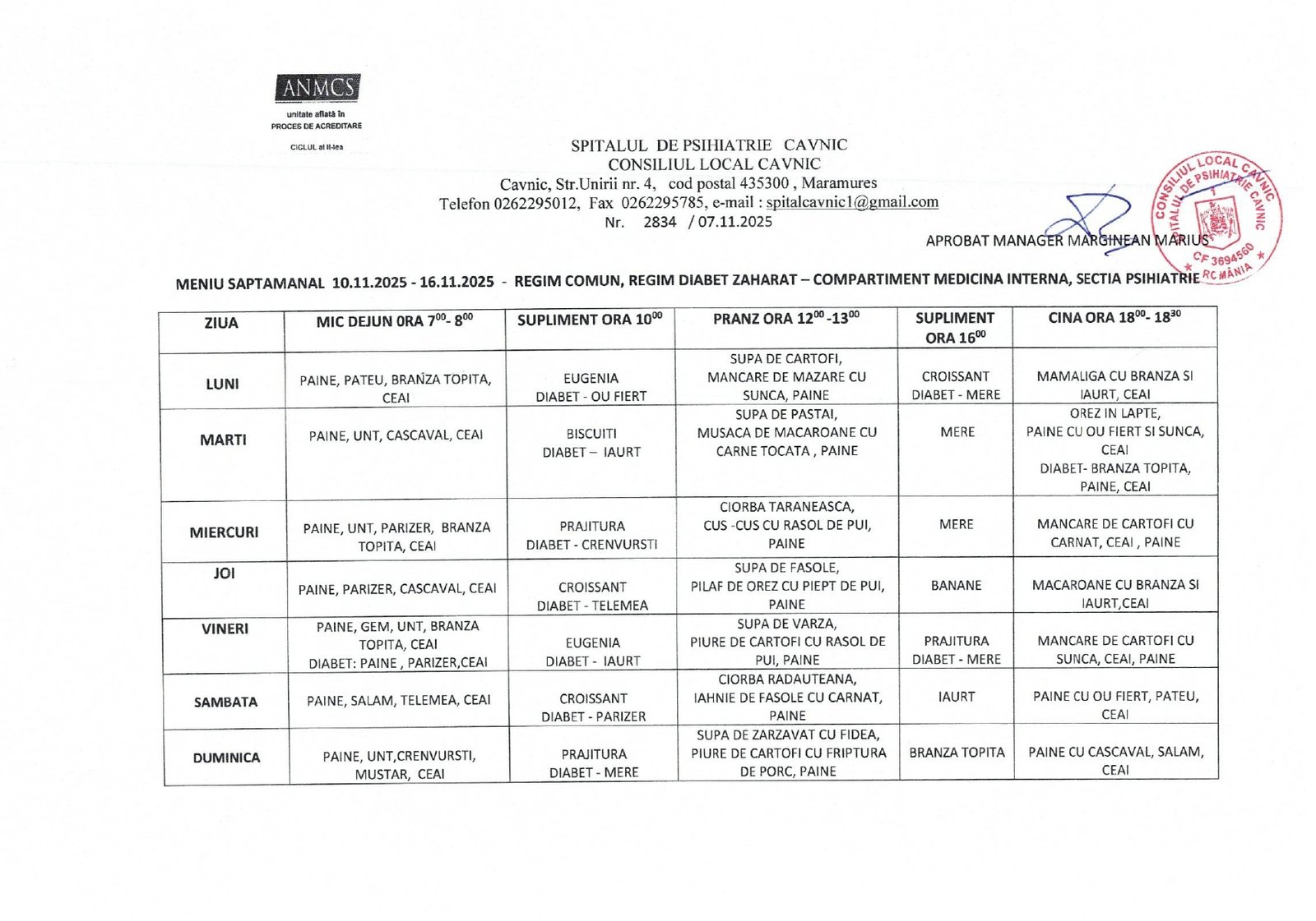 Meniu Săptamanal Pacienți