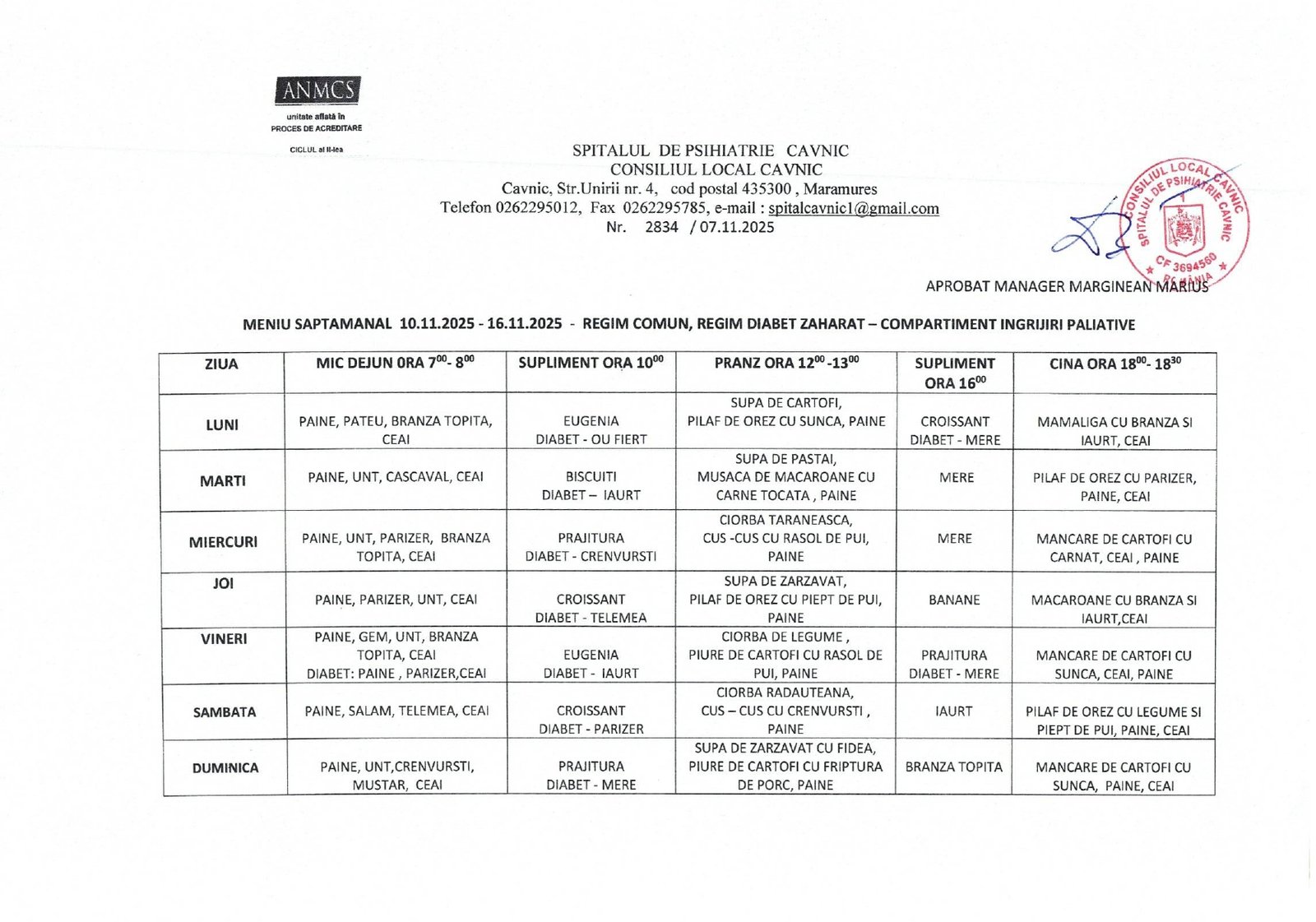 Meniu Săptamanal Pacienți